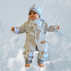 Baby-Set---Babyjacke-Pumphose--Beanie--Halstuch-Gr-7480---Jersey-Safari-Tiere-Geschenk-Geburt