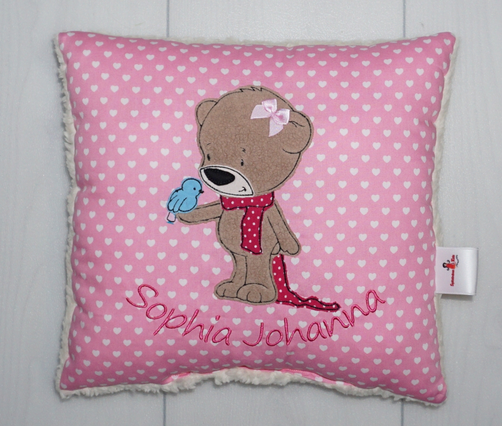 Bild 1 von Namenskissen Doodle Stickerei Frühlingsbärli, Boho Bärli oder Bärchen Theo und Namen 30x30 cm  / (Stoffvarianten) hellblau Sterne / (Stickmotiv) Esel & Marienkäfer