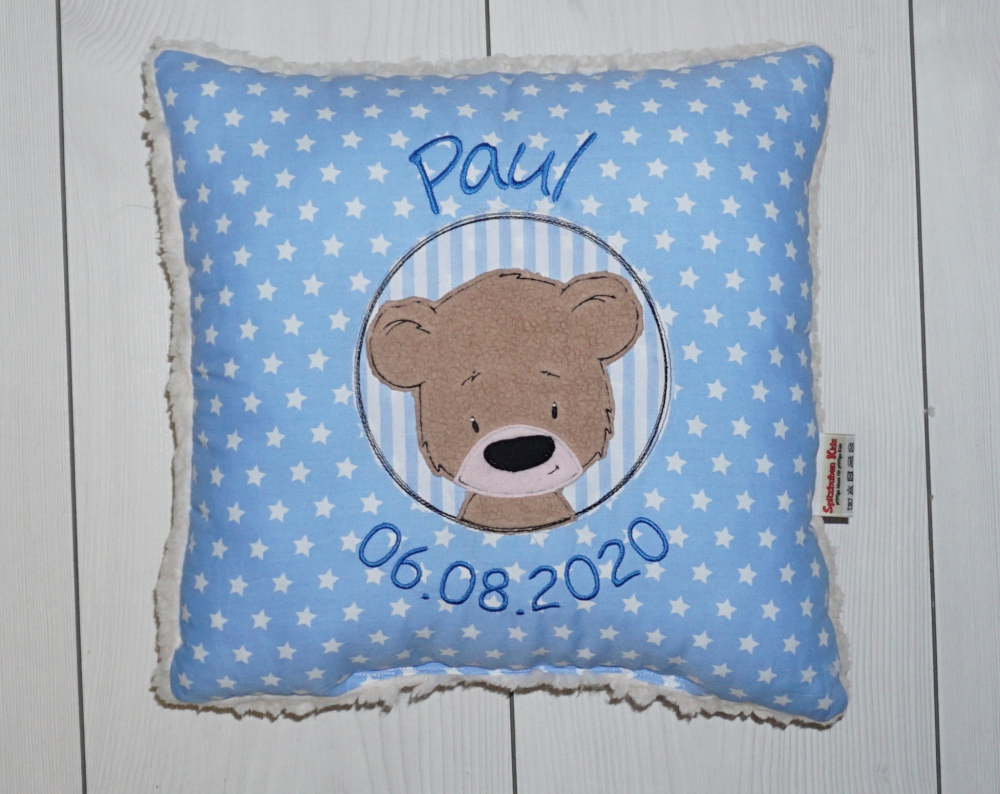Bild 1 von Namenskissen, Kuschelkissen Doodle Stickerei Bärchen Button und Namen 30x30 cm  / (Stoffvarianten) grün Punkte / (Stickmotiv) Namen und Geburtsdatum