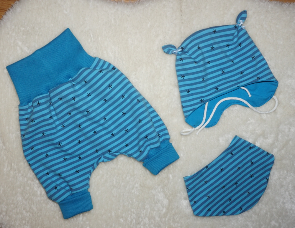 Bild 1 von 3 tlg Baby Erstlings-Set - Pumphose, Mütze & Halstuch - blau Streifen Sterne - Neugeborenen Geschenk
