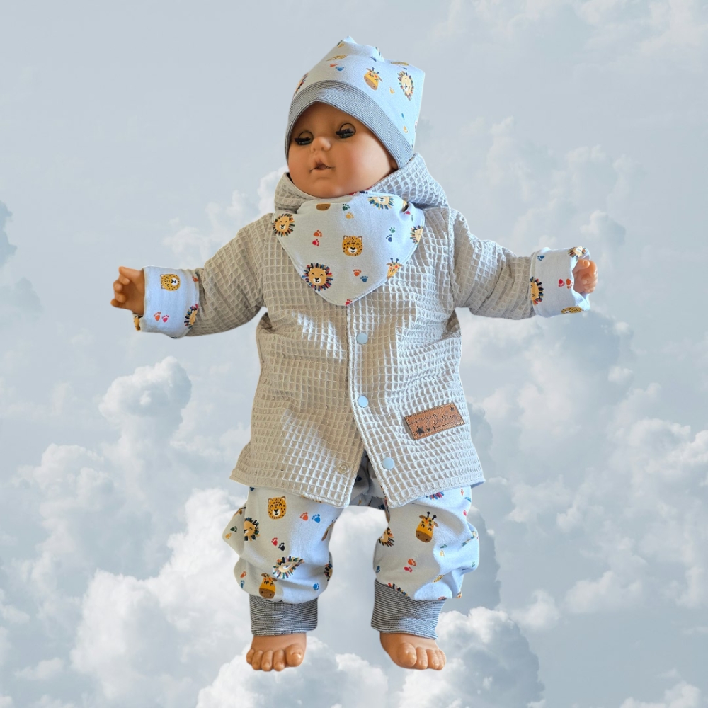 Bild 1 von Baby Set - Babyjacke, Pumphose,  Beanie & Halstuch Gr. 74/80 - Jersey Safari Tiere, Geschenk, Geburt