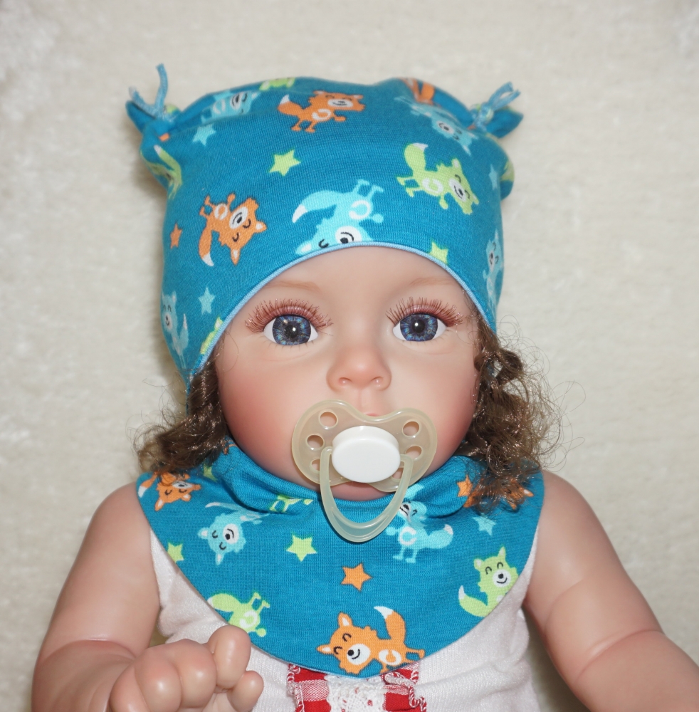 Bild 1 von New Born Babymütze  und Halstuch - Jersey Petrol Füchse, hellblau