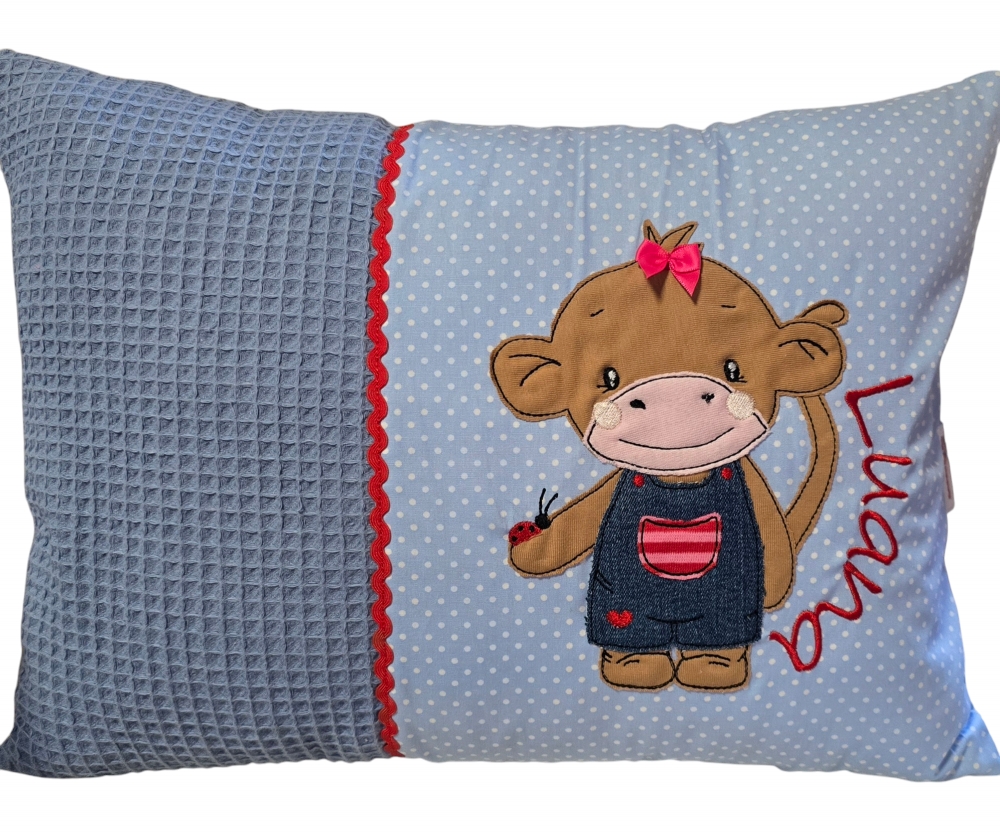 Bild 1 von Niedliche Affen Kissen - Personalisierte Kissen, Geschenk zur Geburt, Kissen mit Namen  / (Hauptfarbe) grau Punkte / (Kissenvariante/Größe) 30x40cm Hülle&Inlett / (Stickmotiv) Affe am Ast