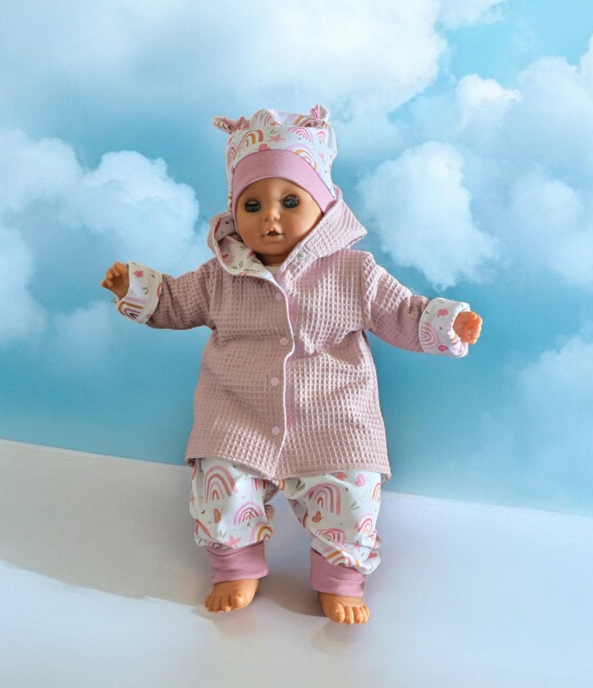 Bild 1 von Baby Set Gr. 74/80 - Babyjacke - Pumphose, Mütze & Halstuch Jersey Rosa Regenbogen - Geschenk Geburt