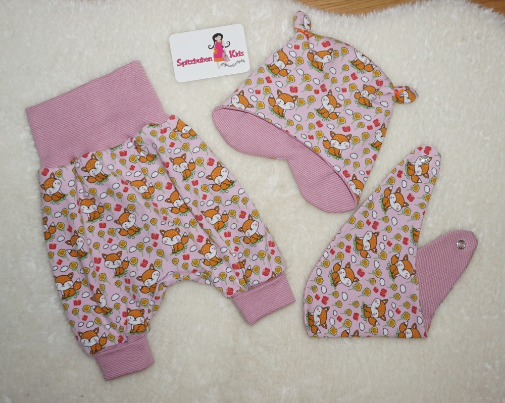 Bild 1 von Baby Pumphose, Mütze  & Halstuch - Jersey rosa Füchse