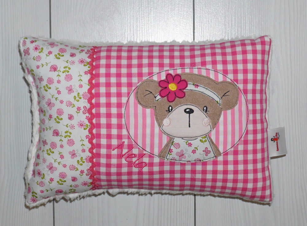 Bild 1 von Namenskissen, Kuschelkissen mit Button Frühlingsbärchen und Namen 20x30 cm  / (Stoffvarianten) rosa Vichy