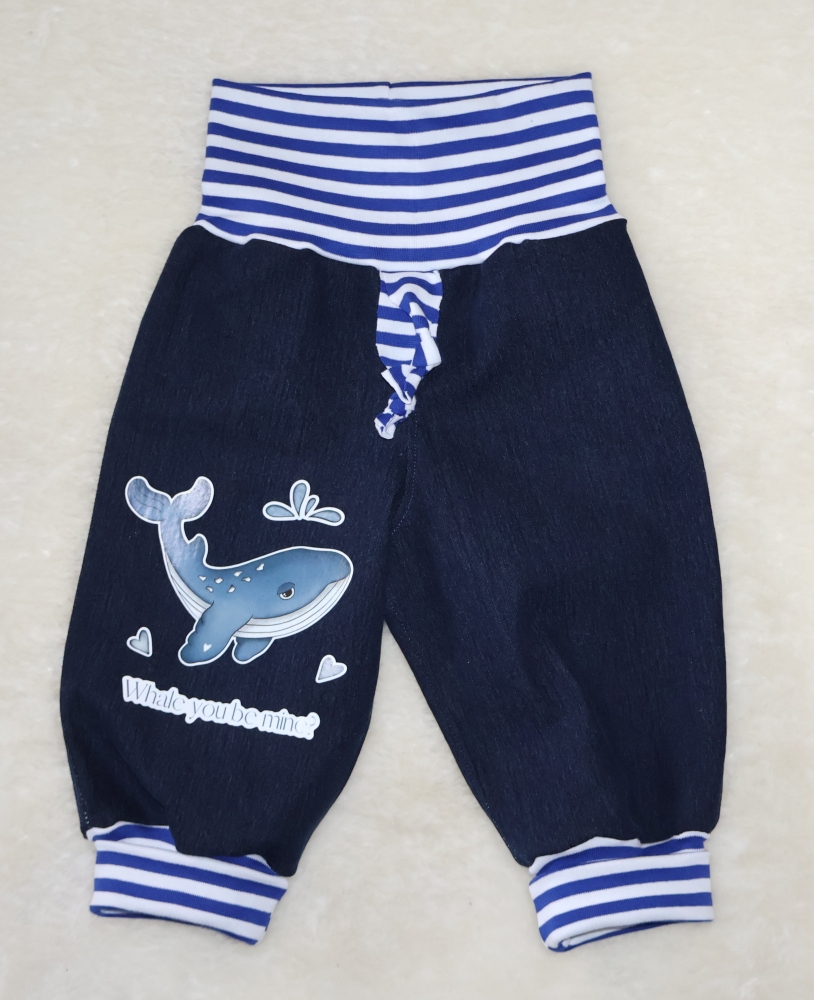 Bild 1 von Baby Jeans Pumphose Maritim Wal Gr. 74/80, Geschenk zur Geburt, Babyparty,  Mitwachshose, Babyhose