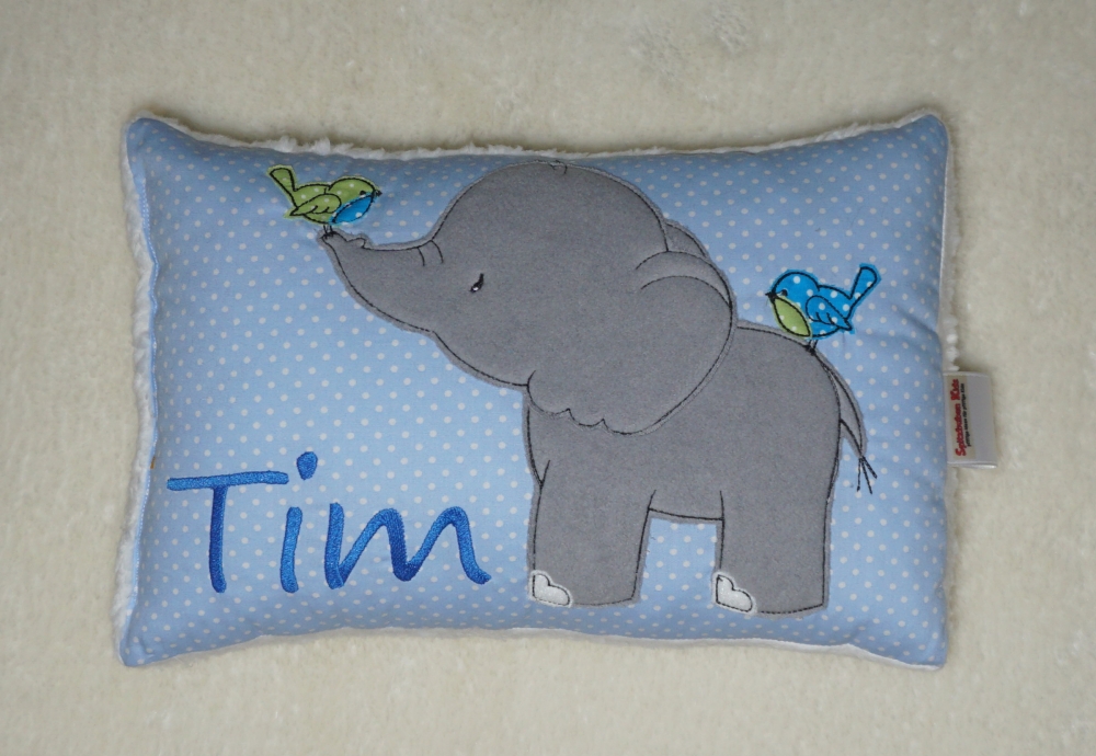 Bild 1 von Namenskissen, Kuschelkissen Doodle Elefant & Vöglein mit Namen - Geburtsdatum - 25x35 cm