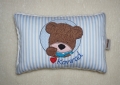 Bild 1 von Namenskissen, Kuschelkissen Button Teddy Herzchen  & Namen/ Geburtsdatum 20x30 cm  / (Stoffvariante) blau Punkte / (Geburtsdaten) Name