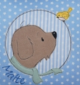 Bild 2 von Namenskissen Doodle Stickerei Hund mit Vöglein und Namen  30x30 cm  / (Stoffvarianten) grün Punkte / (Stickmotiv) Hund & Vogel