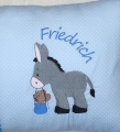 Bild 7 von Dino, Esel, Fuchs, Igel - Personalisierte Kissen, Geschenk zur Geburt, Kissen mit Namen  / (Hauptfarbe) blau Punkte / (Kissenvariante/Größe) 30x40cm Hülle&Inlett / (Stickmotiv) Dino