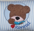 Bild 3 von Namenskissen, Kuschelkissen Button Teddy Herzchen  & Namen/ Geburtsdatum 20x30 cm  / (Stoffvariante) blau Punkte / (Geburtsdaten) Name